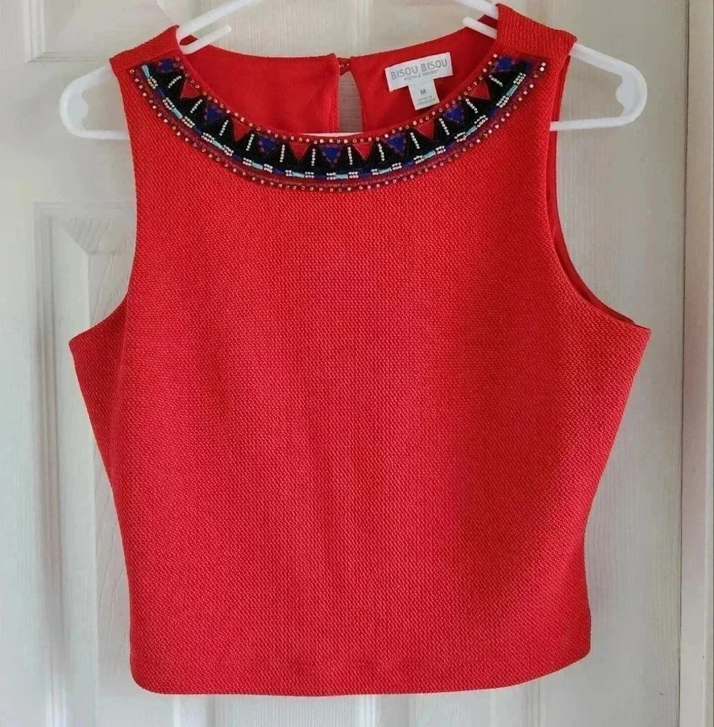 Bisou Bisou‎ Red Crop Top Beaded Neckline Size M